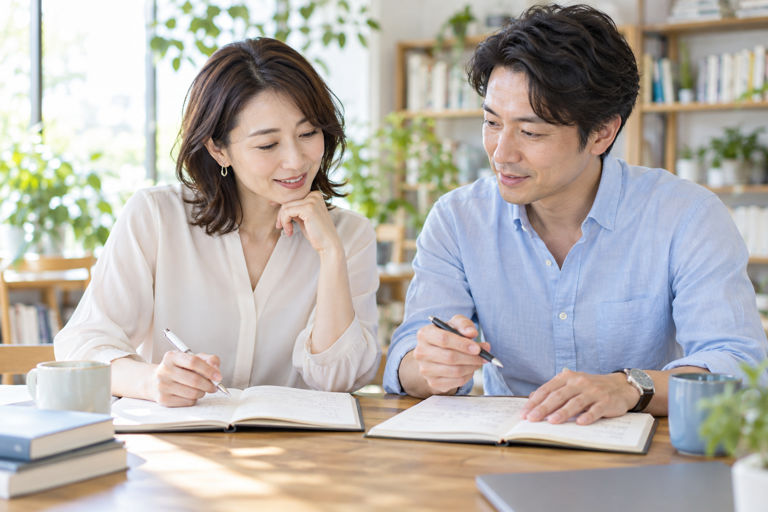 ノートを囲み学びを深める二人