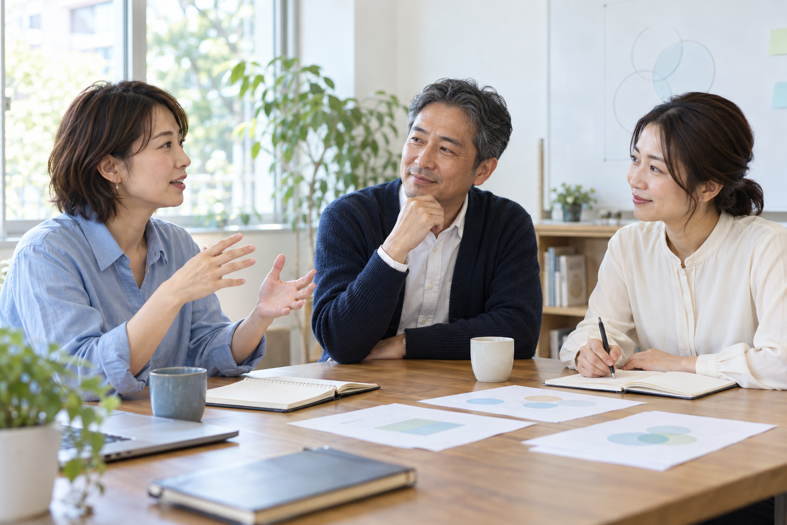 ノートを囲み、学んだことについて話し合う3人