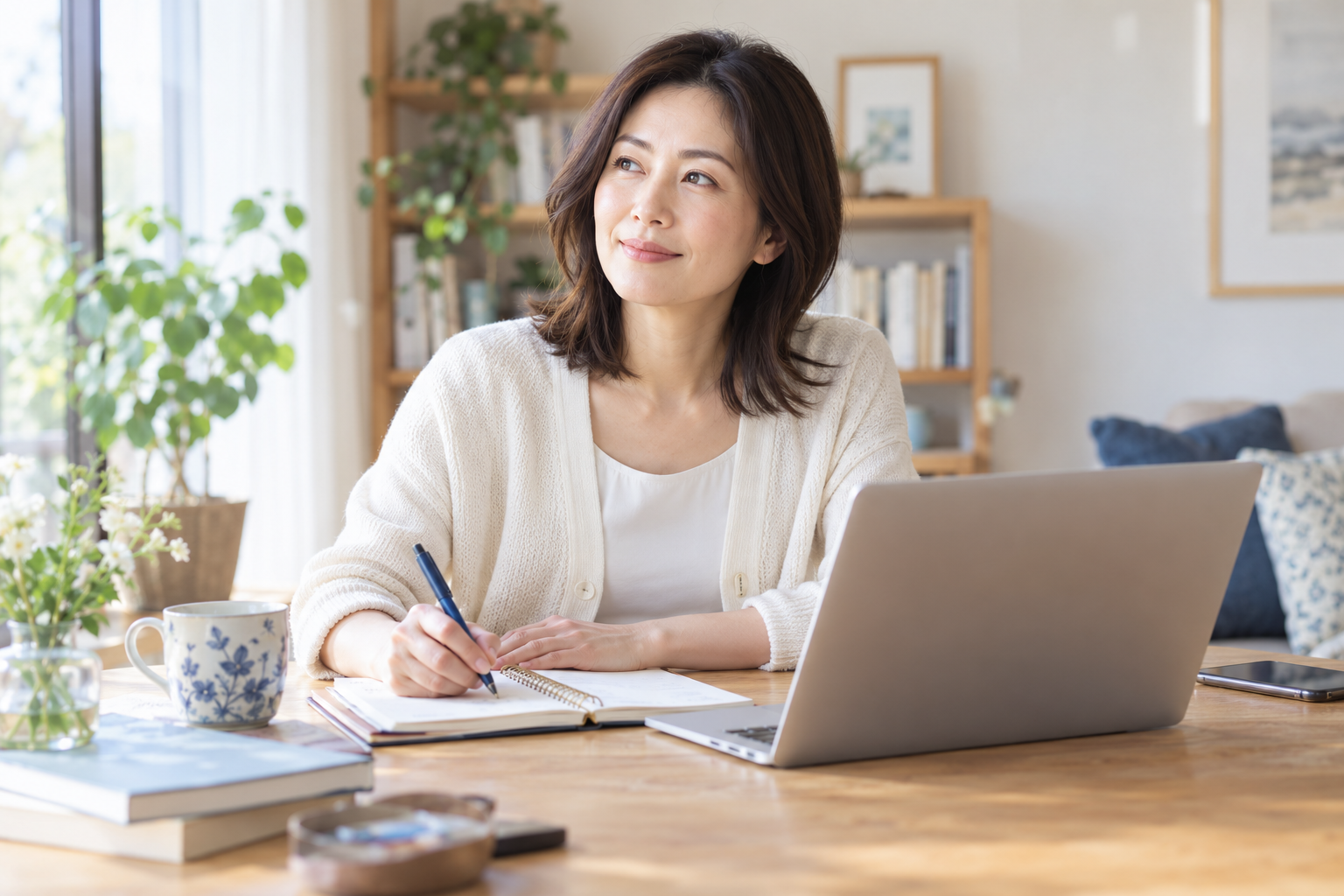 明るい仕事場でノートに活動の計画を書き込む女性